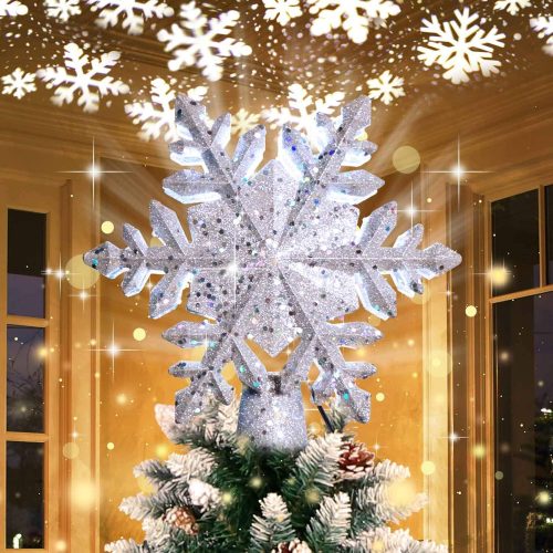 OurWarm Christmas Tree Topper Lighted Star Tree Toppers with LED Rotating Snowflake Projector Lights, 3D Hollow Silver Star Snow Tree Topper for Christmas Tree Decorations