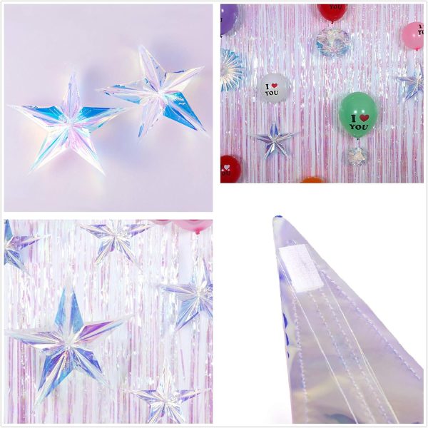 12 Inch Diameter Iridescent Ornament Star Hanging Decorations, Clear Foil Decorative Folding Decor, Rainbow Shine Party Ornaments for Bridal Shower Wedding Birthday Frozen Theme Party Decorations
