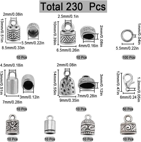 2 SUNNYCLUE 1 Box 230Pcs Cord End Caps Tibetan Antique Silver Leather Kumihimo Bracelets Supplies Glue in Crimp Tube Barrel End Tip Lobster Clasps Jump Rings Cord Terminator for Jewelry Making Kit