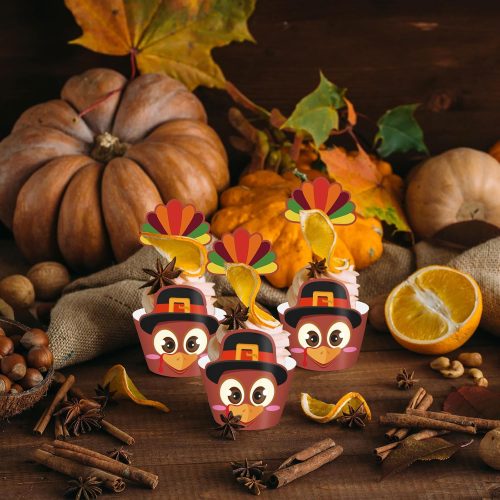 4 AnyDesign 48Pcs Thanksgiving Cupcake Wrappers & Toppers Set - Turkey Feather Cupcake Picks, Liners & Holders for Fall Parties