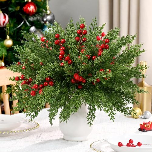 Waipfaru 60 Pcs Christmas Artificial Pine Branches, 12.9" Faux Evergreen Norfolk Pine with Red Berry Stems, Greenery Fake Pine Needles Picks Flowers for Xmas Vase Table DIY Craft Home Decorations