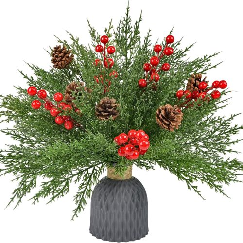 55PCS Christmas Artificial Pine Branches Set, Includes 45PCS 11.4" Fake Evergreen Branches with 5 Red Berries Stems & 5 Pinecones, Norfolk Pine Needles for Vase DIY Craft Floral Arrangement Xmas Decor