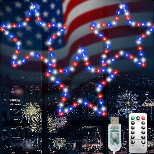 4 Red White and Blue Lights, 3Pack 4th of July Decorations Iron Framed Hanging Patriotic Star Light 145LED USB Operated Indoor Window Lights for Fourth of July,Independence Labor Memorial Day Home Decor