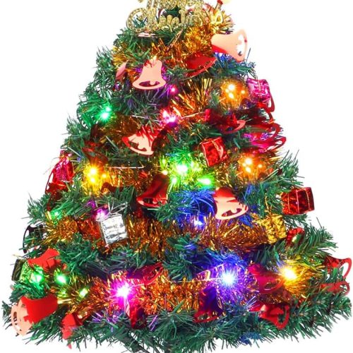 Mini Christmas Tree, 2ft Tabletop Small Christmas Tree with Lights, Hanging Ornaments and Star Treetop, Xmas Decoration Tree Decor