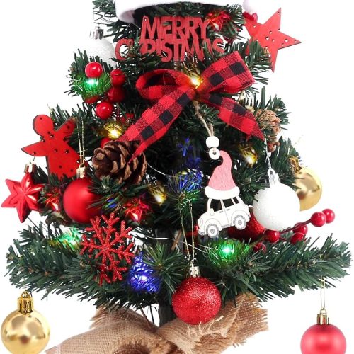 22inch Snow Flocked Mini Christmas Tree with Lights, Mini Prelit Artificial Fake Xmas Tree Table Top with Hat Toppper Ball Ornaments for Desk Room Office Holiday Party Home Decor