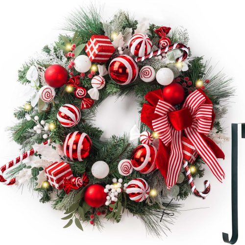 30'' Pre-Lit Christmas Wreath for Front Door with Lights, Large Lighted Outdoor Christmas Wreath with Red White Xmas Balls & Bow for Home Porch Fireplace Window Holiday Wall Decor