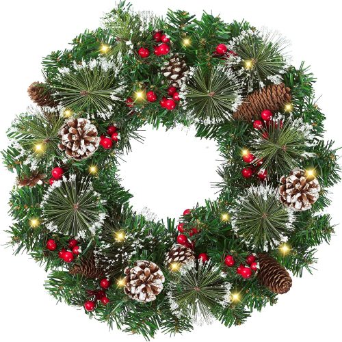18’’ Artificial Christmas Wreath for Front Door with Pine Needles Red Berries Pine Cones Christmas Decorations for Winter Wall Indoor Outdoor Home Holiday Xmas Decor