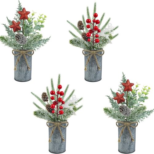 4 Pcs Christmas Centerpieces for Tables, Small Floral Arrangements Artificial Plants Berry Pine Cone Picks With Vase for Holiday Home Farmhouse Party Decor