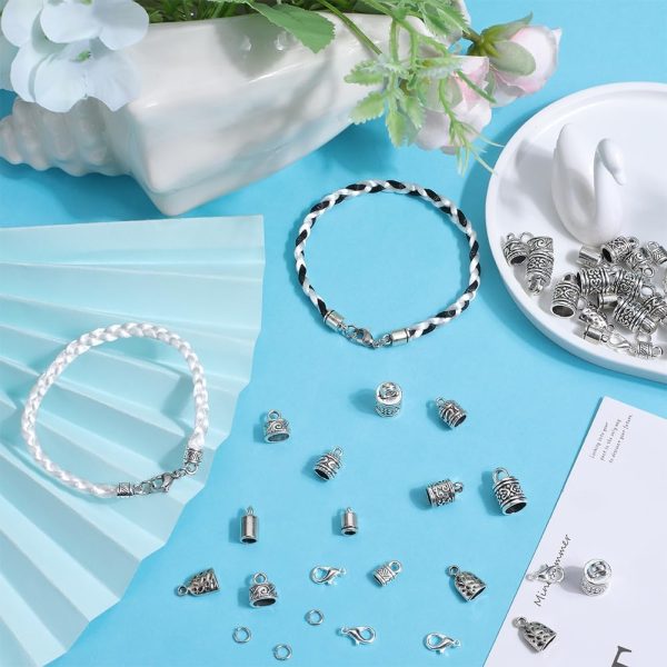 4 SUNNYCLUE 1 Box 230Pcs Cord End Caps Tibetan Antique Silver Leather Kumihimo Bracelets Supplies Glue in Crimp Tube Barrel End Tip Lobster Clasps Jump Rings Cord Terminator for Jewelry Making Kit