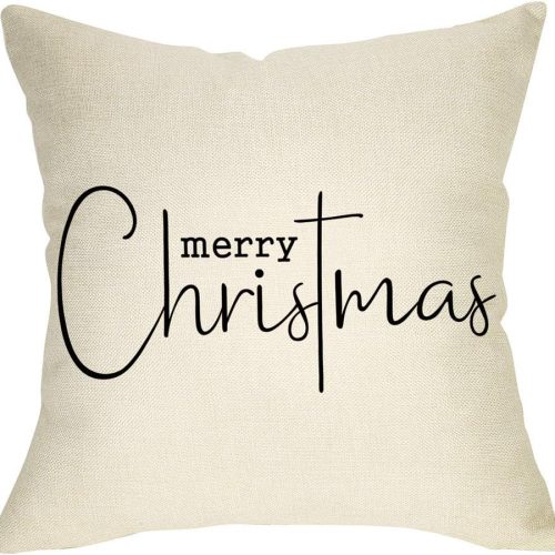 1 Merry Christmas Throw Pillow Cover, 18" x 18" Inch Decorative Xmas Sign Rustic Cushion Case, Farmhouse Home Winter Decoration Holiday Square Pillowcase Decor for Sofa Couch Cotton Linen
