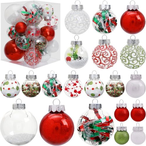 Clear Christmas Tree Ornaments Set, 30ct Multi-Size Plastic Xmas Balls - Red, Green, White - Shatterproof Decorative Hanging Ornaments for Christmas Decorations, Home Decor, Wedding Party