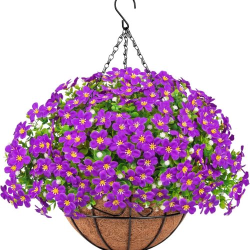 Artificial Hanging Plants Flowers with Basket for Spring Summer Outdoor Decoration, Fake Flowers UV Resistant with Hanging Planter for Front Porch Patio Garden Yard Home Decor, Purple