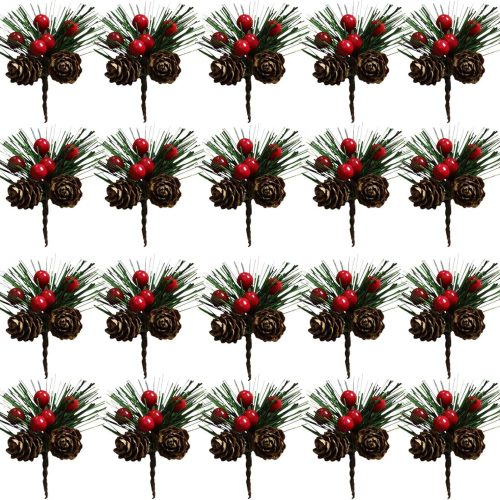 20PCS Artificial Pine Picks Christmas Simulation Pine Needle Small Berries Pinecones for Flower Arrangements Wreaths Wedding Garden Xmas Tree Decorations (Red)