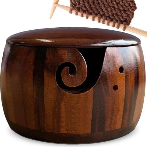 Wood Yarn Bowl with Lid, Crochet Bowls for Yarn,Knitting Yarn Bowl with Holes Storage,Yarn Holder Bowl for Crocheting and Knitting 7X4in,Knitting Bowl for Handmade Crocheting Accessories