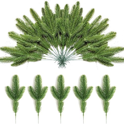 Artificial Pine Branches Green Plants Needles DIY Accessories Realistic Faux Christmas Greenery Green Plants Pine Picks and Stems for Garland Wreath Christmas and Home Garden Decor 20pcs