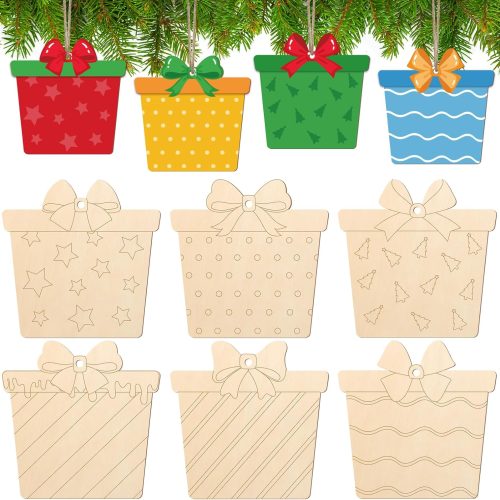 COCHIE Wooden Christmas Ornaments to Paint for Kids Adults Set of 24, Xmas Unfinished Wood Crafts for Painting, DIY Paintable Christmas Cutouts Slices for Craft with Ropes (Gift Boxes)