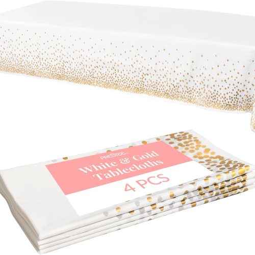 White and Gold Tablecloths, 4pk, 54x108 Inches - Party Table Cloths Disposable - Gold Dot Disposable Tablecloths - Plastic Table Cloth - Engagement Party Decorations, Baptism Decorations