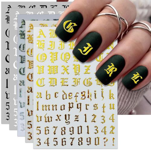 10 Sheets Letter Nail Art Stickers - 3D Old English Alphabet Number Nail Decals for DIY Acrylic Manicure Nail Decorations