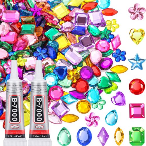 anezus 400Pcs Jewels for Bedazzling with 2 Pack B7000 Jewelry Glue, Flat Back Craft Gems Rhinestones for Clothing, Sequins Rhinestones Gemstones for Fabric, Craft, Decoration