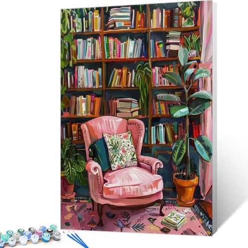 Bookshelf Book Theme Pink Library Paint by Numbers Kits for Adult Vintage Paint by Numbers Boho Painting Kits on Canvas with Brushes and Acrylic Pigment for Home Wall Without Framed 16''W x 20''H