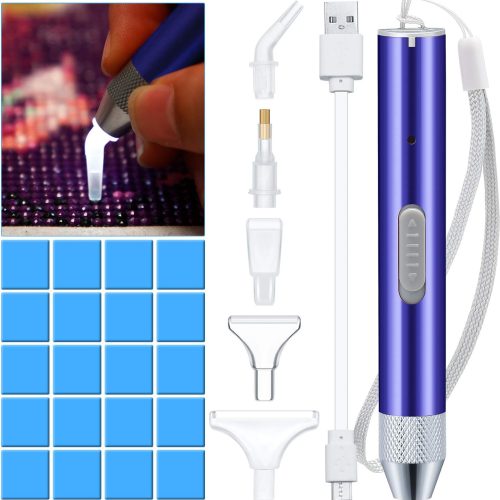Maitys Electric Diamond Painting Pen Point Drill Pen with Light 5d DIY Diamond Painting Tool with 20 Pieces Glue Clay 5 Pieces Replacement Heads for DIY Craft(Blue)