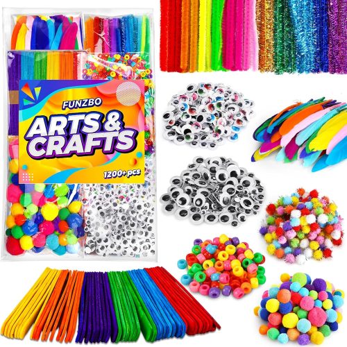 FUNZBO 1200pcs+ Arts & Crafts Supplies for Kids- Christmas Craft Kits with Pipe Cleaners, Pom Poms for Crafts, Popsicle Sticks for Craft, Craft for Kids Ages 4-8 Girls & Boys Birathday Gifts
