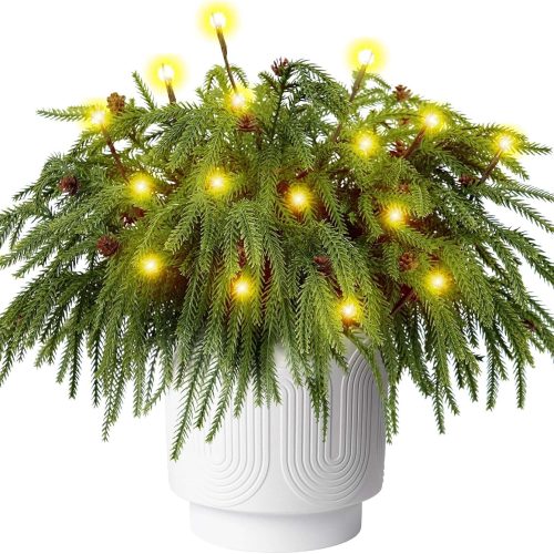 12 Pcs Christmas Norfolk Pine Branches with Branch Lights - 18" Norfolk Pine Artificial Xmas Branches with Pine Cones, Norfolk Pine Stems for DIY Crafts Garland Wreath Xmas Indoor Outdoor Home Decor