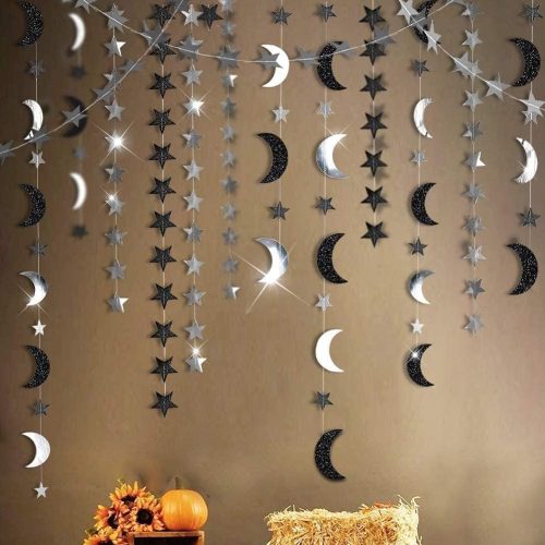 Cheerland Black Silver Moon Decoration Star and Gothic Christmas Decor Garland Twilight Birthday 2026 New Year Eve Party Grunge Glitter Star Banner Celestial Wedding Baby Shower Ramadan Eid Mubarak