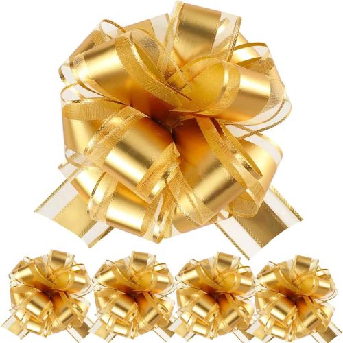 5 PCS 7 inches Large Pull Bows Wrapping Pull Bow Ribbon，Gold Gift Wrap Bows for Gift Wrapping Baskets Wedding or Flower Decorations, Valentine's Day Christmas Birthday Gift Decorations