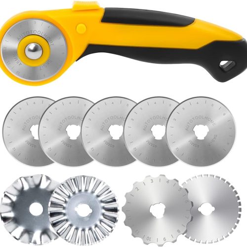 AUTOTOOLHOME 45mm Rotary Cutter with 9pcs Extra Blades Automatic Fabric Roller Cutter Perforator Crochet Edge Pinking Rotary Blades for Quilting, Sewing, Crafting