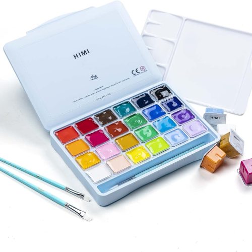HIMI Gouache Paints set with 3 Paint Brushes, 24 Colors, 30g, Jelly Cup Design, Non Toxic Paint for Canvas and Paper, Art Supplies for Professionals (Ice Blue Case)