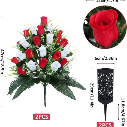 Artificial Flowers for Cemetery, 2 Sets 48 Heads Artificial Rose Bouquet Graveyard Memorial Silk Flowers for Cemetery Flower Arrangement with Vase for Headstone Decor Outdoor (Red & White)