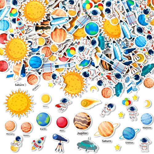 JULBEAR Spaces Foam Sticker for Kids Crafts, 300Pcs Bulk Colorful Planet Astronaut Rocket Self-Adhesive Foam Stickers for Birthday Party DIY Crafts Favor Scrapbooks Decorations Supplies
