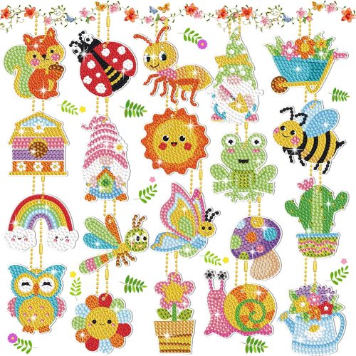 Inbagi 20 Pcs Summer Diamond Painting Kits for Kids 5d Diamond Art Keychains Flower Insect Animal Bee Frog Craft Tags Creative Ornament Gifts Spring Summer Decor for Kids Adults