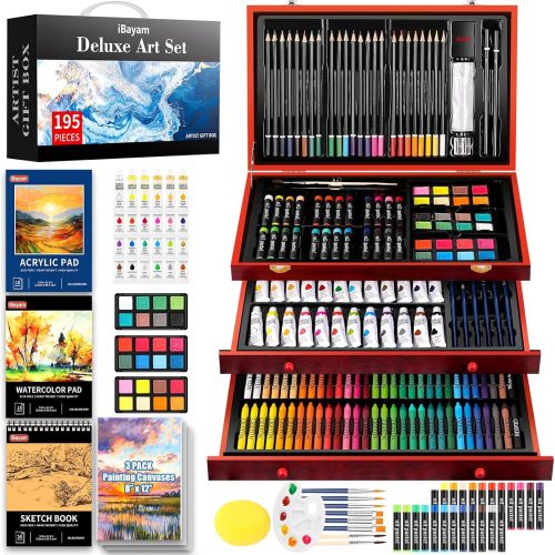 iBayam Art Supplies, 195 Pack Art Set Drawing Kit for Kids Teens Girls Boys Adult, Arts and Crafts Painting Kit, Art Kits Paint Set with Acrylic Pad, Sketchbooks, Watercolor Pad, Canvases, Gift Box