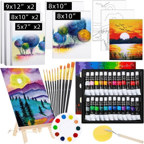 Affrolling 49 Acrylic Paint Canvas Set for Adults Sip and Paint Party Supplies 8 Canvas Panels 3 Pre-Drawn Panels Art Paints 24 Colors Wood Easel Palette Brushes Christmas Gift