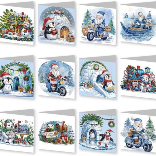 Huacan 6 Pcs DIY 5D Diamond Painting Christmas Cards Kits for Adults Red Truck Diamond Art Greeting Cards Art Craft Gifts for Christmas (penguins)