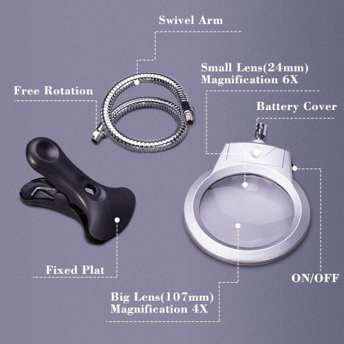 5D Diamond Painting Tools Magnifier LED Light with Clamp, Folding Design with 1 Glass Lens 4X & 6X Magnifier