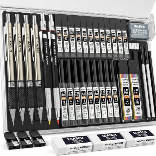 37PCS Art Mechanical Pencil Set, 4PCS Metal Drafting Pencil 0.3mm, 0.5 mm, 0.7 mm, 0.9 mm & 2PCS 2mm Lead Holder (6B 4B 2B HB 2H 4H Colors) For Sketching Drawing With 23 Tube Lead Refills Case