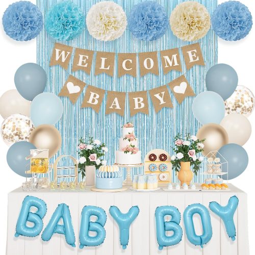 Dusty Blue Baby Shower Decorations for Boy with Welcome Baby Banner Baby Boy Blue Champagne Sand Foil Balloons Fringe Curtains Paper Pom Poms for Baby Shower Gender Reveal Party Supplies