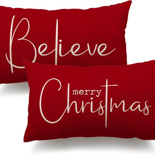 Christmas Throw Pillow Covers 12x20 Inch Set of 2 Merry Christmas Farmhouse Decorations Believe Holiday Decor Throw Cushion Case for Home Couch