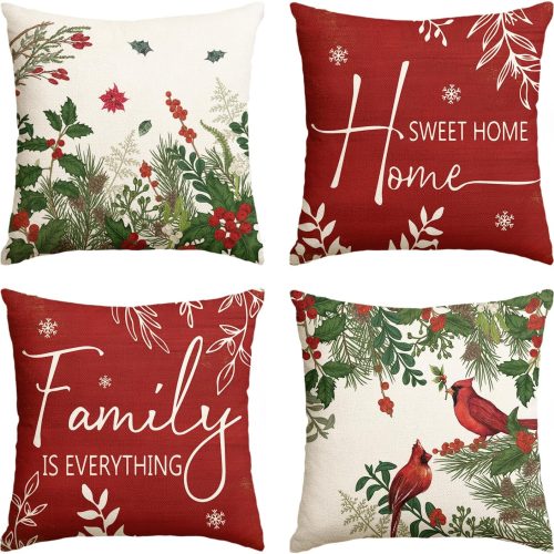 colorlife Christmas Cardinal Home Sweet Home Poinsettia Holly Berries Throw Pillow Covers, 18 x 18 Inch Family is Everything Winter Holiday Cushion Case Decoration for Sofa Couch Set of 4