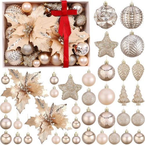 48Pcs Assorted Champagne Gold Christmas Tree Balls Ornaments Set,Mixed Shatterproof Glitter Christmas Tree Flowers Hanging Balls Stars for Christmas New Year Home Decorations (12 Styles,6 Size)