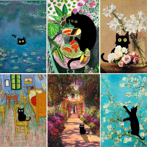 Diamond Painting for Adults and Beginners - 6pcs, 5D Round Diamond Digital Painting Kit, DIY Black Cat Diamond Art Painting, Matisse Van Gogh Living Room Bedroom Decoration (11.8x15.7 inches)