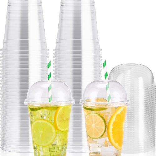 100 PACK 12 oz Clear Plastic Cups with Dome Lids, Disposable Dessert Parfait Cups for Ice Cream, Iced Cold Coffee Drinks, Cupcake, Fruit for Party