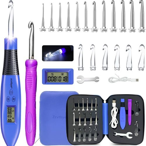1 18 Size Light Up Crochet Hook Set with Digital Counter, Ergonomic Crochet Hooks for Arthritic Hands, 2.0–14.0mm Interchangeable Crochet Hooks with Case, Rechargeable and Beginner-Friendly