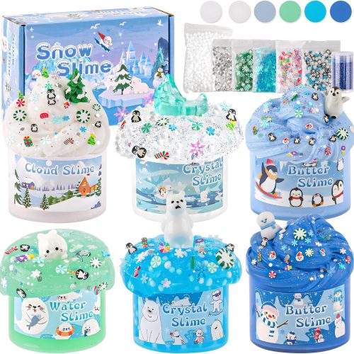 1 6 Packs Snow Slime Kit - Butter, Clear, Water, Cloud Slimes, Fluffy Slime Making Kit for Kids with Cute Charms & Add-ins, Blue Kids Slimes Kits for Girls & Boys Birthday Christmas Easter Gifts