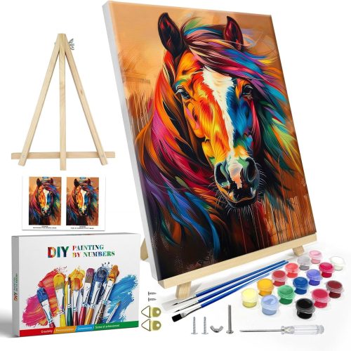 1 Paint by Numbers Kit for Adults with Frame, Horse Paint by Number with Easel, DIY Colorful Horse Oil Painting by Numbers, Adult Paint by Number Kits Framed Canvas for Home Wall Decor 8x12 Inch