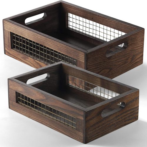1 Wooden Countertop Baskets Set of 2 for Kitchen, Pantry|Wall Mount Upgrade with Full Accessories| Rustic Nesting Boxes|Wooden Organizer Crates for Vegetables, Produce, Bread