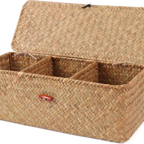 Wicker Shelf Baskets with Lid,Rectangular Seagrass Woven Storage Baskets with Dividers for Bathroom Organizer Small Bins Home Decor (Natural)